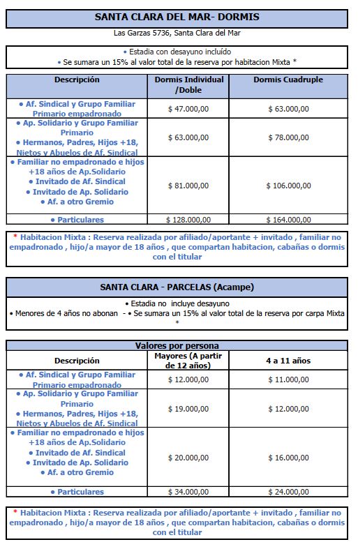 Tarifas Santa Clara del Mar - Parcelas Camping